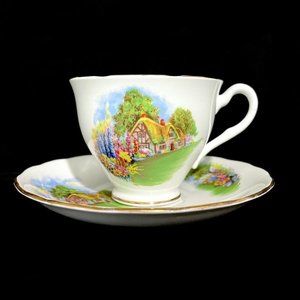 Vintage 1950s Crown Essex England Cottage Fine Bone China Teacup and Saucer Set